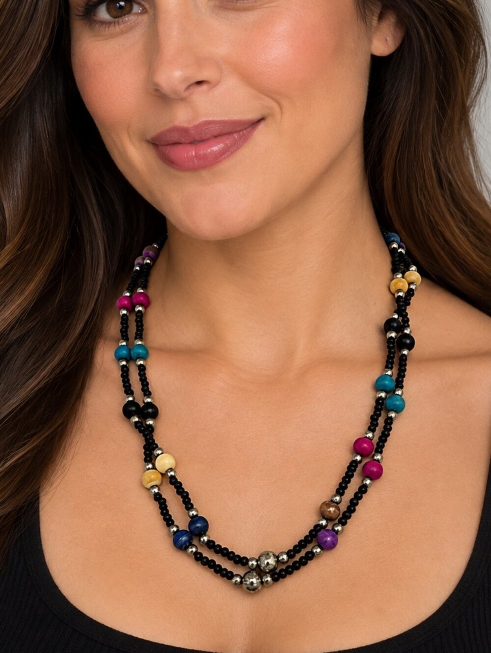 Vintage Ethnic Multicolor Rainbow Horn Beaded Double-Strand Necklace